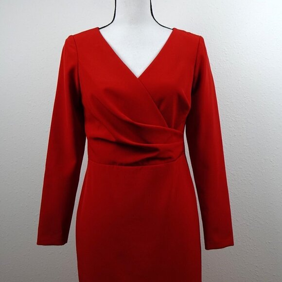Ralph Lauren Red Cocktail Dress Women’s Size 2 Long Sleeve Surplice Lined - Picture 2 of 11